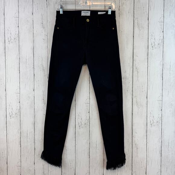 FRAME Denim Noir Black Le High Skinny Shredded Raw Fringe Hem Jeans Size 27 - Picture 1 of 16